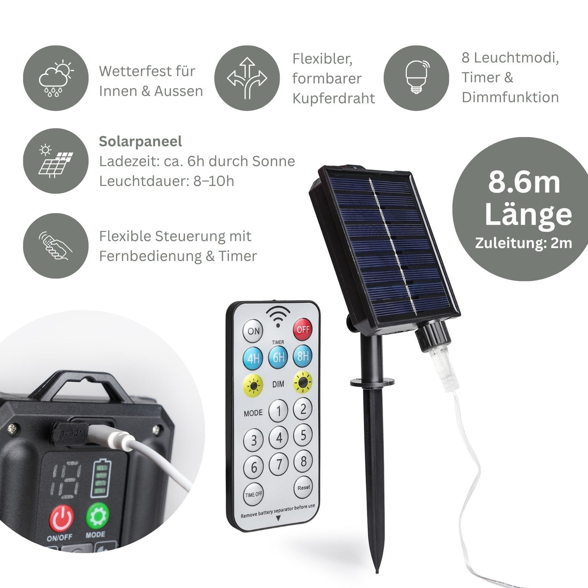 LED Solar-Lichterkette 8.6m Cluster-Lichterkette Büschellichterkette