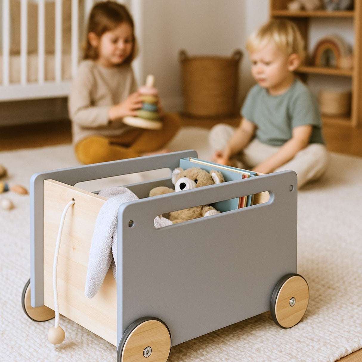 Spielzeugkiste auf Rollen Bücherkiste Spielzeugwagen Holz-Rollbox