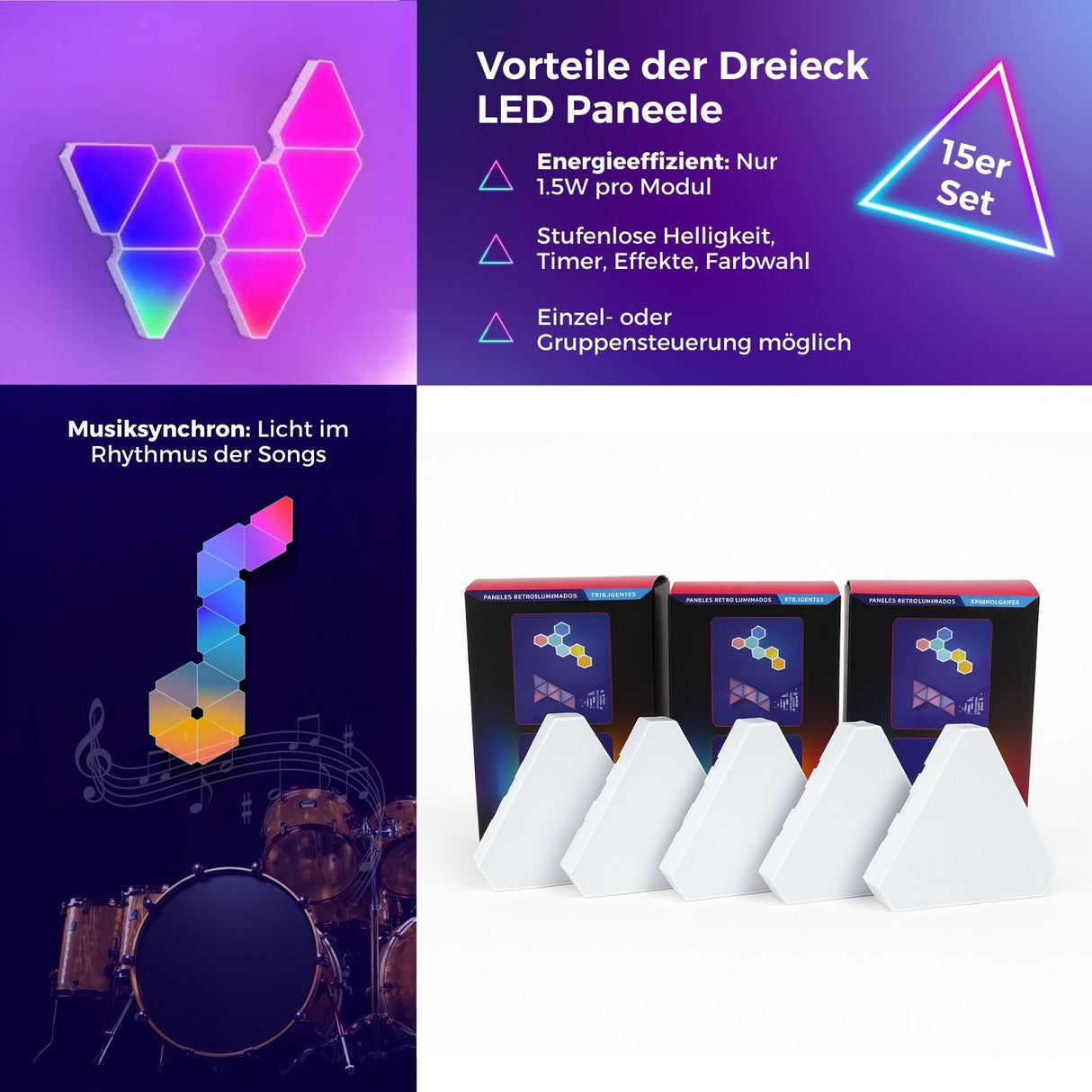 15er Set LED RGBIC Dreieck-Lichtpaneele Leuchtplatten Wandleuchte