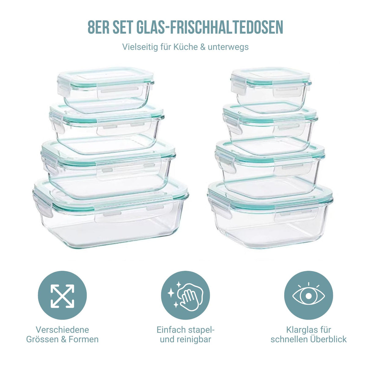 aufbewahrung glas stapelbar 8er Set Glas-Frischhaltedosen Vorratsdosen mit Deckel Meal-Prep-Boxen – Hermex.ch