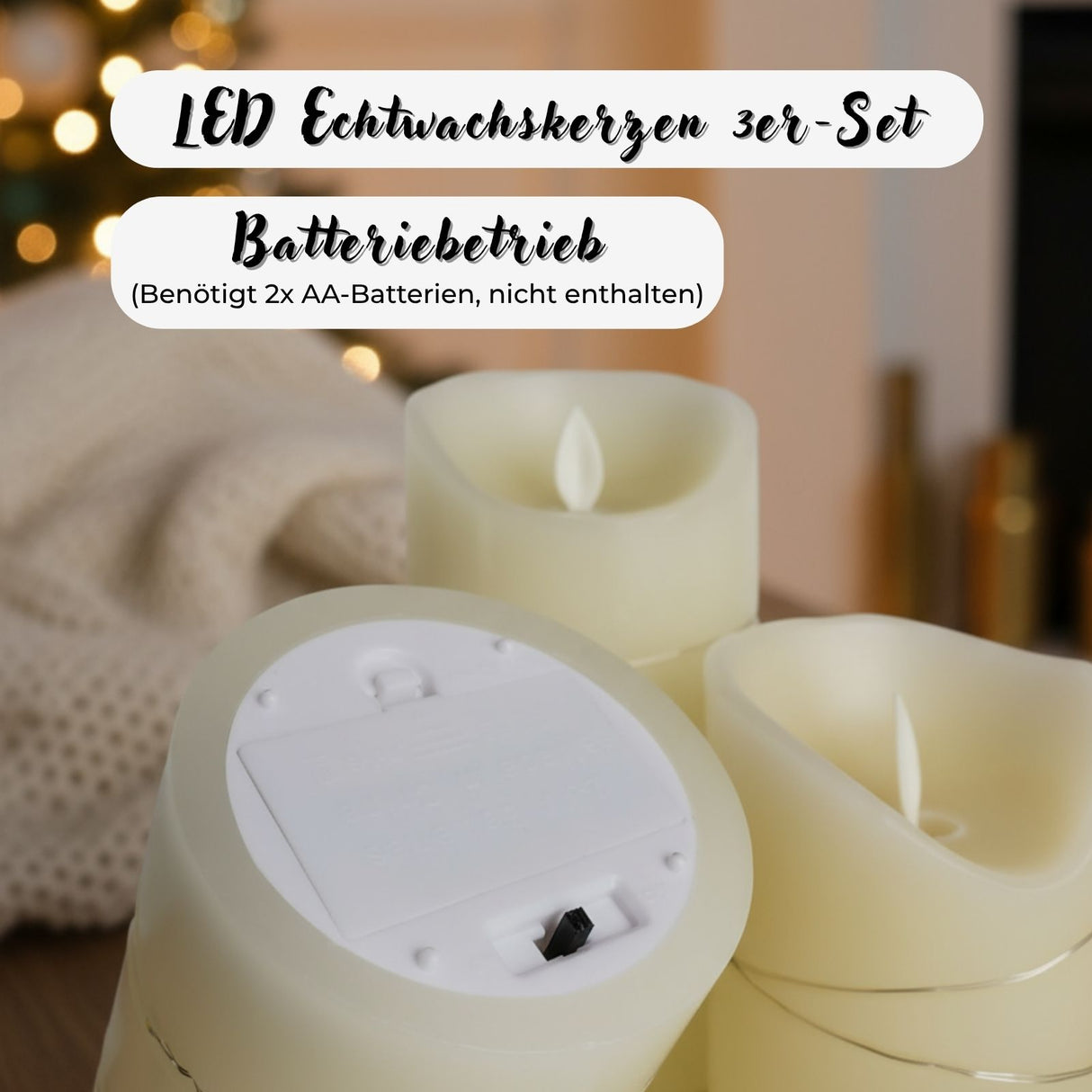 3er-Set LED Echtwachskerze mit Lichterkette Elektronische Stumpenkerze