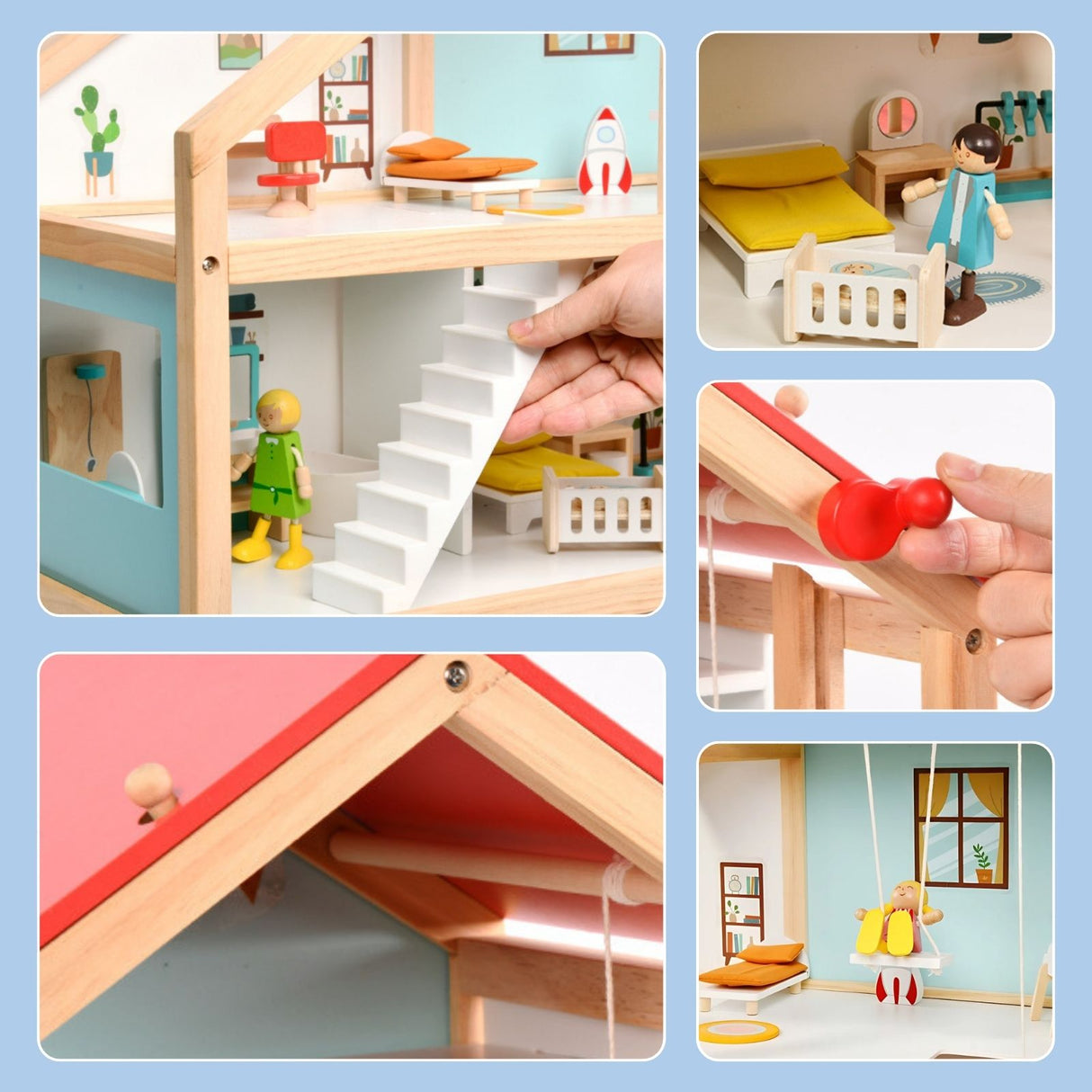 59-tlg. Holz-Puppenhaus mit Puppen Puppen-Villa mit Garten Spielhaus