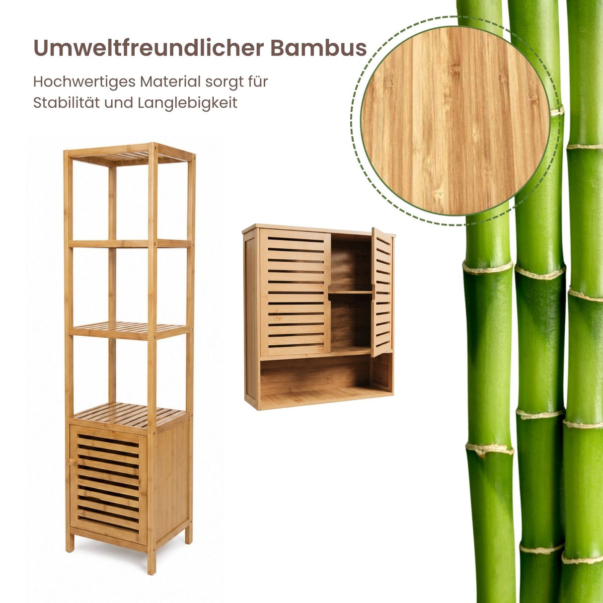Bambus-Möbel-Set Badregal mit Schrank und Hängeschrank