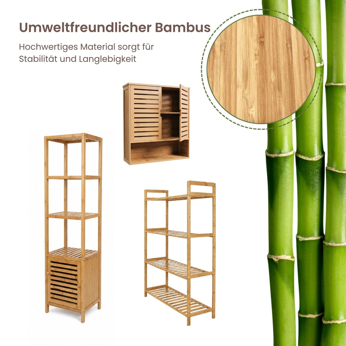 Bambus-Möbel-Set Badregal mit Schrank Standregal und Hängeschrank
