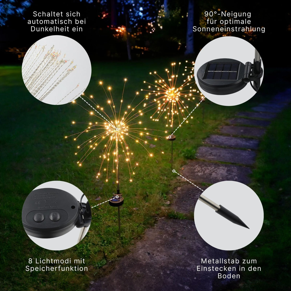 2er-Set LED Solar-Gartenleuchten Dekoleuchten Feuerwerksleuchten