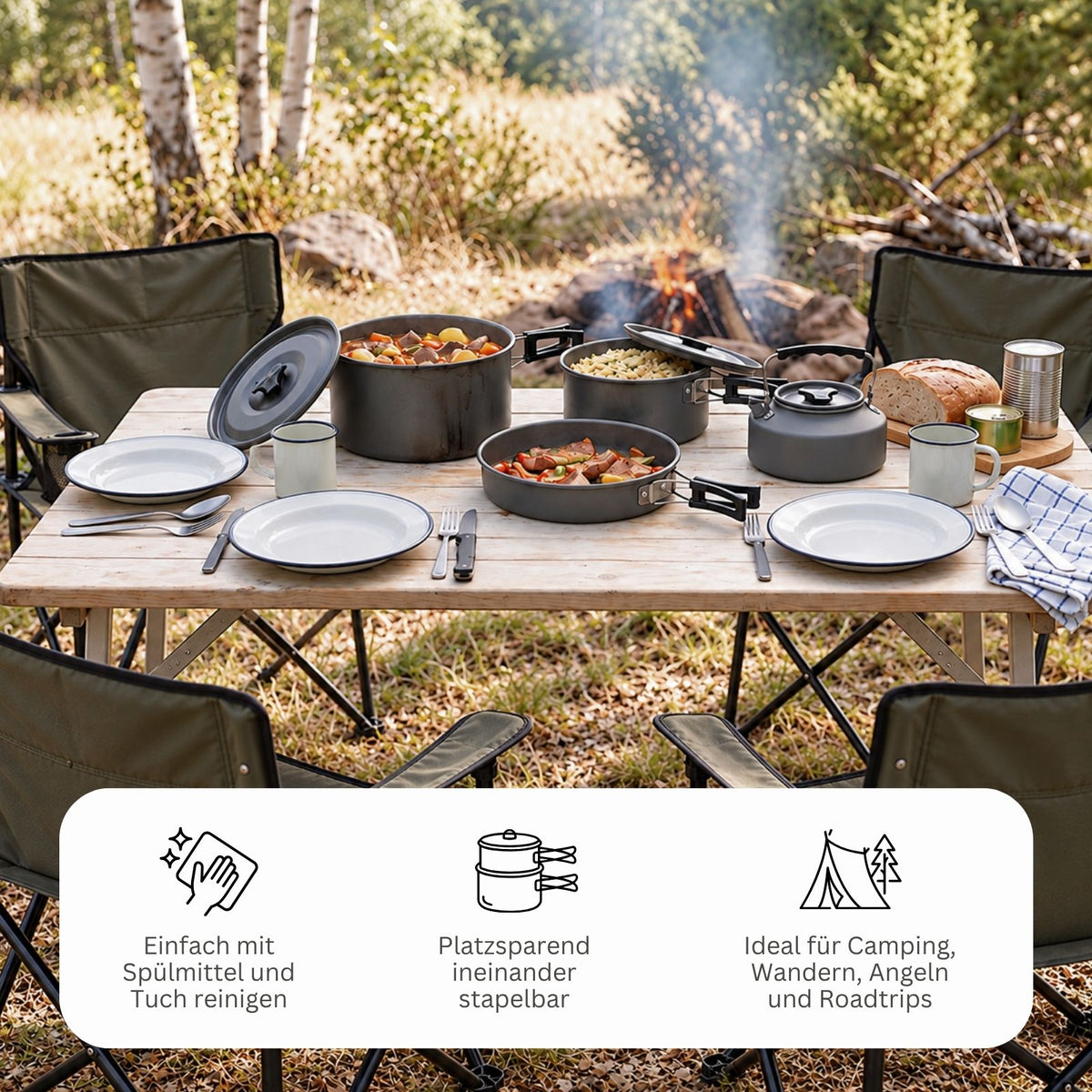 4-tlg. Campinggeschirr Outdoor-Kochgeschirr-Set Kochtopf Bratpfanne