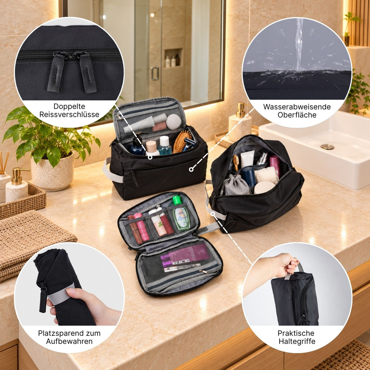 3-tlg. Necessaire-Set Kulturbeutel Kosmetiktasche Toilettentasche