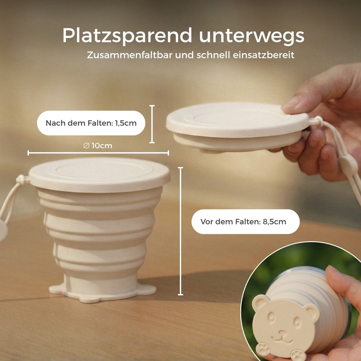 Faltbarer Silikonbecher mit Deckel Faltbecher Reisebecher Trinkbecher