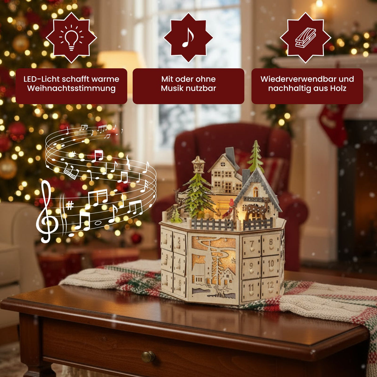 Holz-Adventskalender 24 Schubladen mit LED Weihnachtskalender