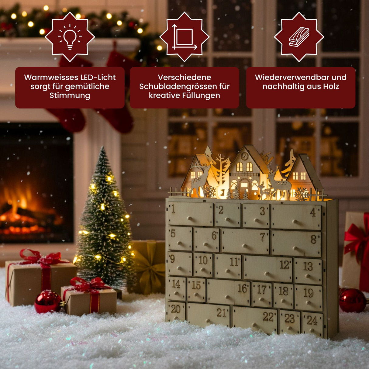 Holz-Adventskalender Weihnachtskalender 24 Schubladen mit LED
