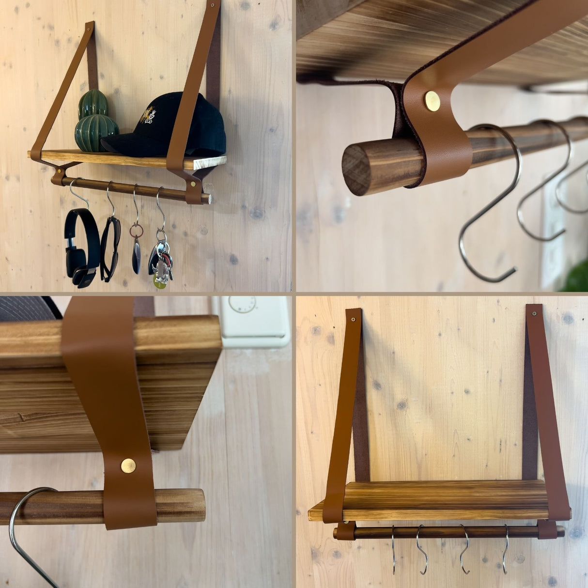 Wandregal 40cm mit Lederbändern und Holzstab Dekoregal Hängeregal