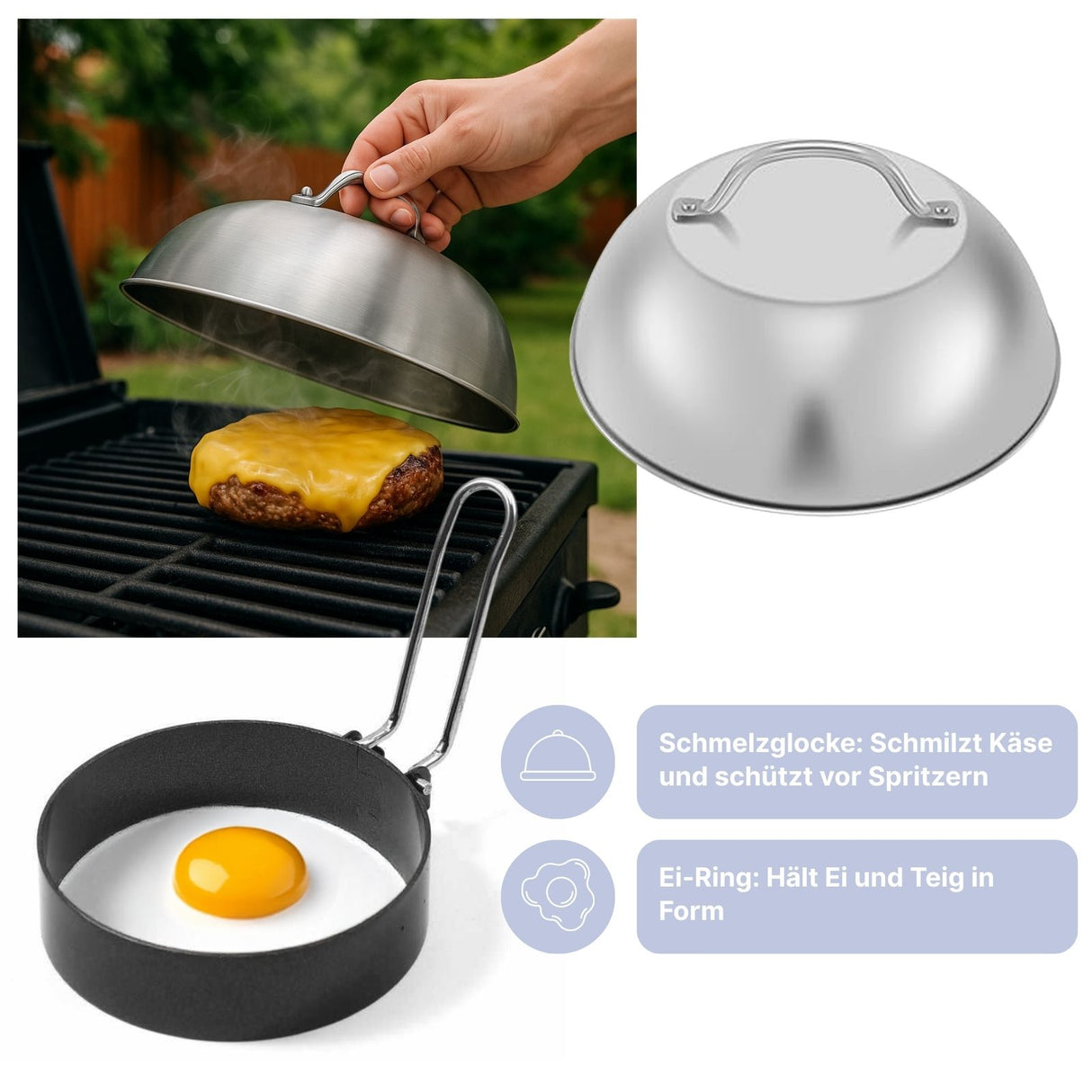 5-tlg. Burger-Set Burgerpresse Schmelzglocke Patty-Wender Ei-Ring Streuer