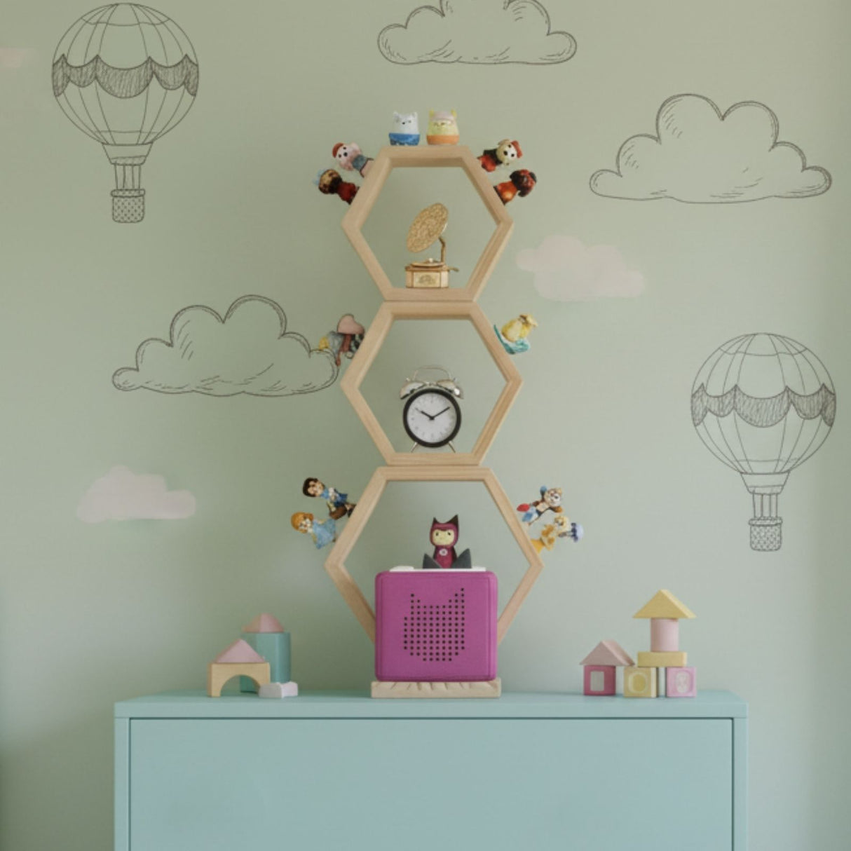 3-tlg. Hexagon Holzregal für Toniebox und Toniefiguren Waben-Wandregal