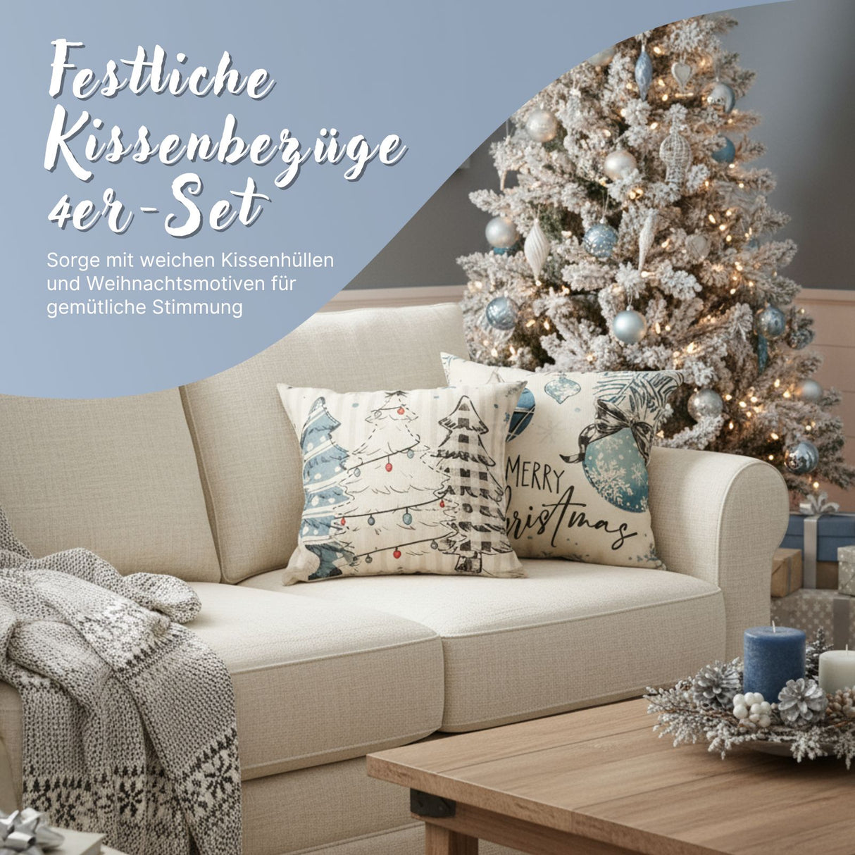 4er-Set Weihnachts-Kissenbezug Zier-Bezug Kissenhülle Dekokissen-Bezug