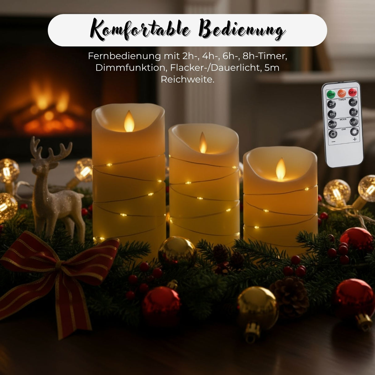 3er-Set LED Echtwachskerze mit Lichterkette Elektronische Stumpenkerze