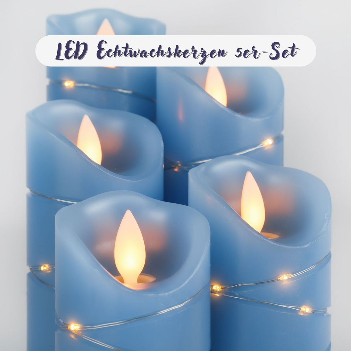 5er-Set LED Stumpenkerze mit Lichterkette Elektronische Echtwachskerze