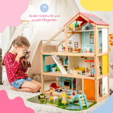 59-tlg. Holz-Puppenhaus mit Puppen Puppen-Villa mit Garten Spielhaus
