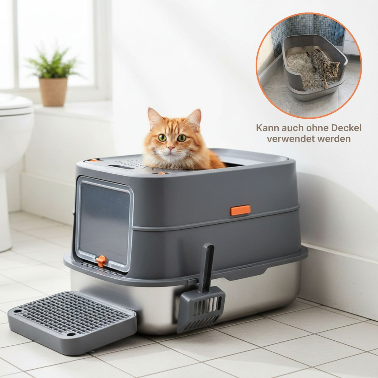 Edelstahl Katzentoilette mit Deckel Katzen-WC Katzenklo Streukiste