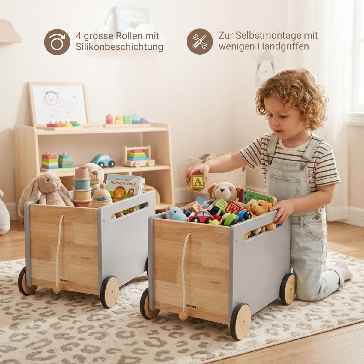 2er-Set Holz-Bücherkiste auf Rollen Spielzeugtruhe Spielzeugkiste