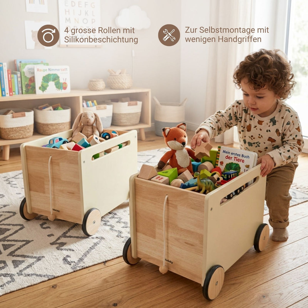3er-Set Holz-Spielzeugkiste auf Rollen Spielzeugtruhe Bücherkiste