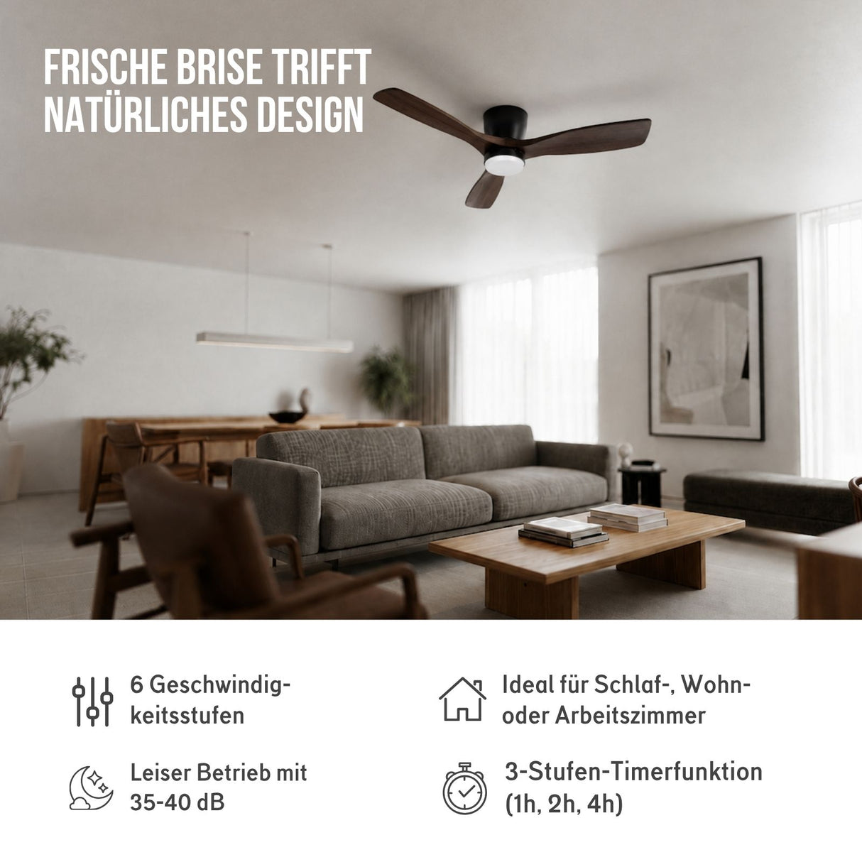 Holz-Deckenventilator Deckengebläse Deckenlüfter LED-Deckenventilator