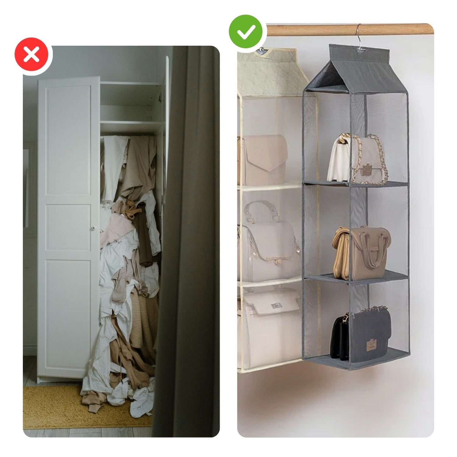 handtaschen aufbewahrung regal Hängeaufbewahrung Handtaschen-Organizer zum Aufhängen 3 Fächer Grau – Hermex.ch