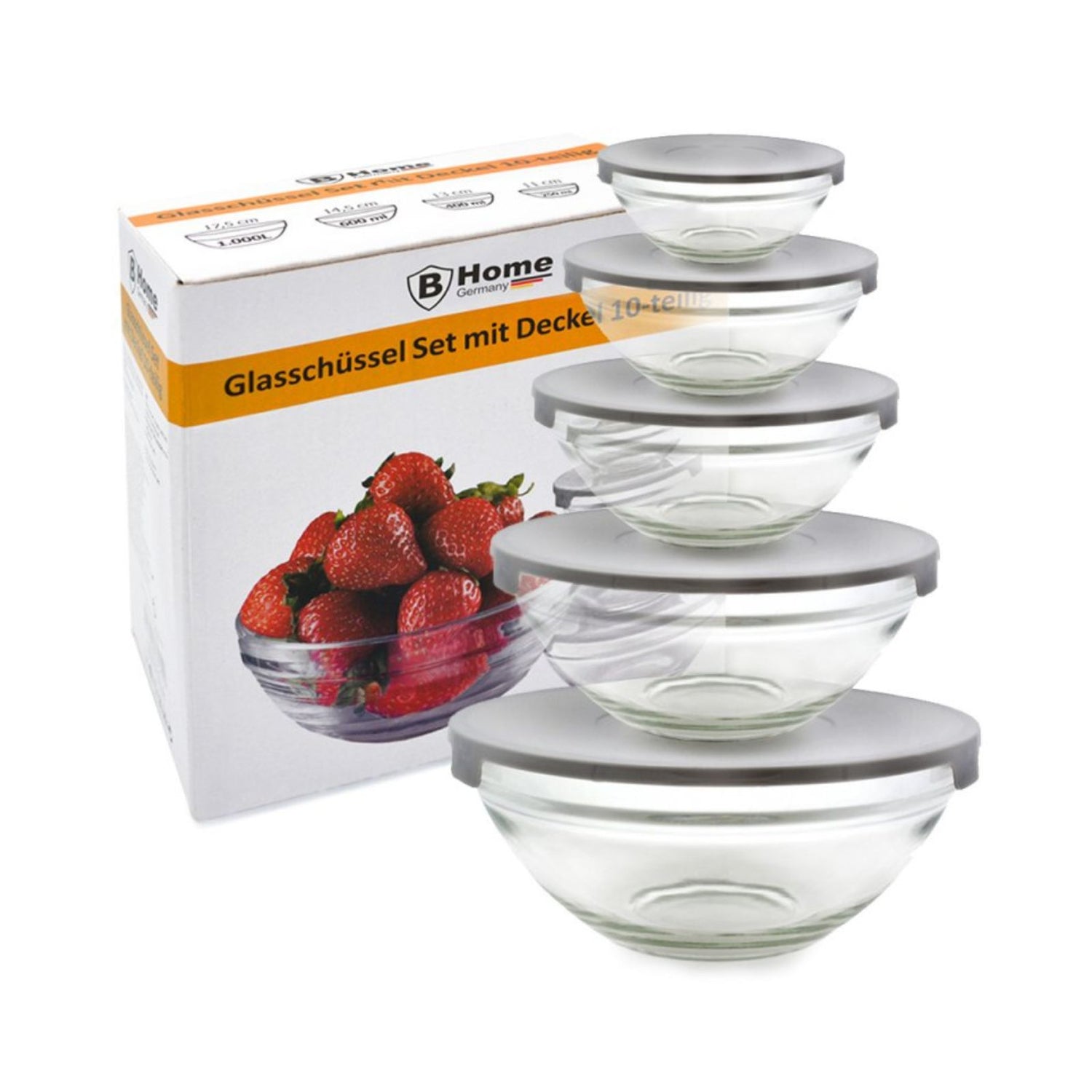 5er-Set Glasschüsseln mit Deckel Glasbehälter Glasschale