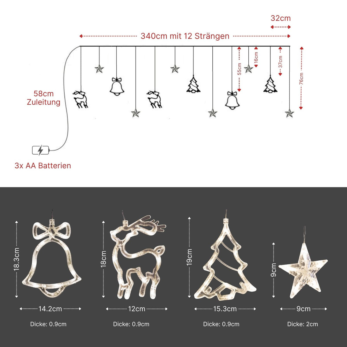 LED Weihnachtslichtervorhang 3.4m Weihnachtsvorhanglichter Leuchtkette