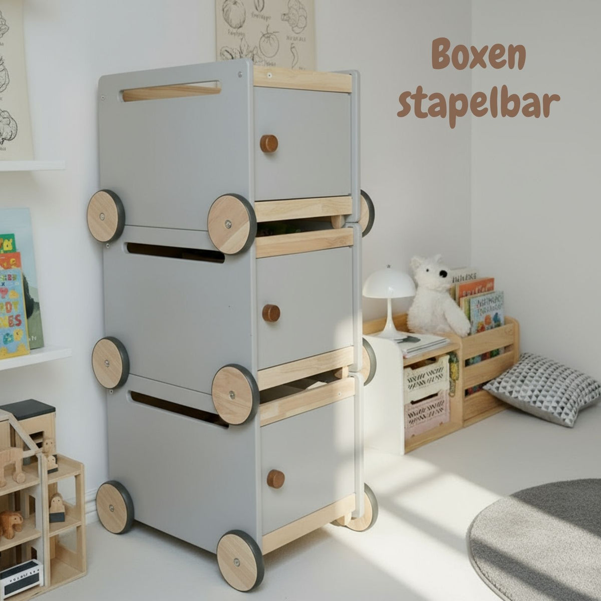 Spielzeugkiste auf Rollen Bücherkiste Spielzeugwagen Holz-Rollbox –