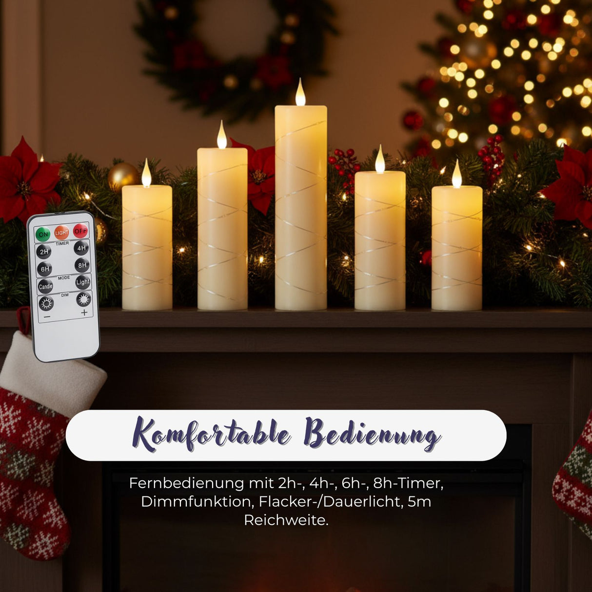 5er-Set LED Echtwachskerze mit Lichterkette Elektronische Stabkerze