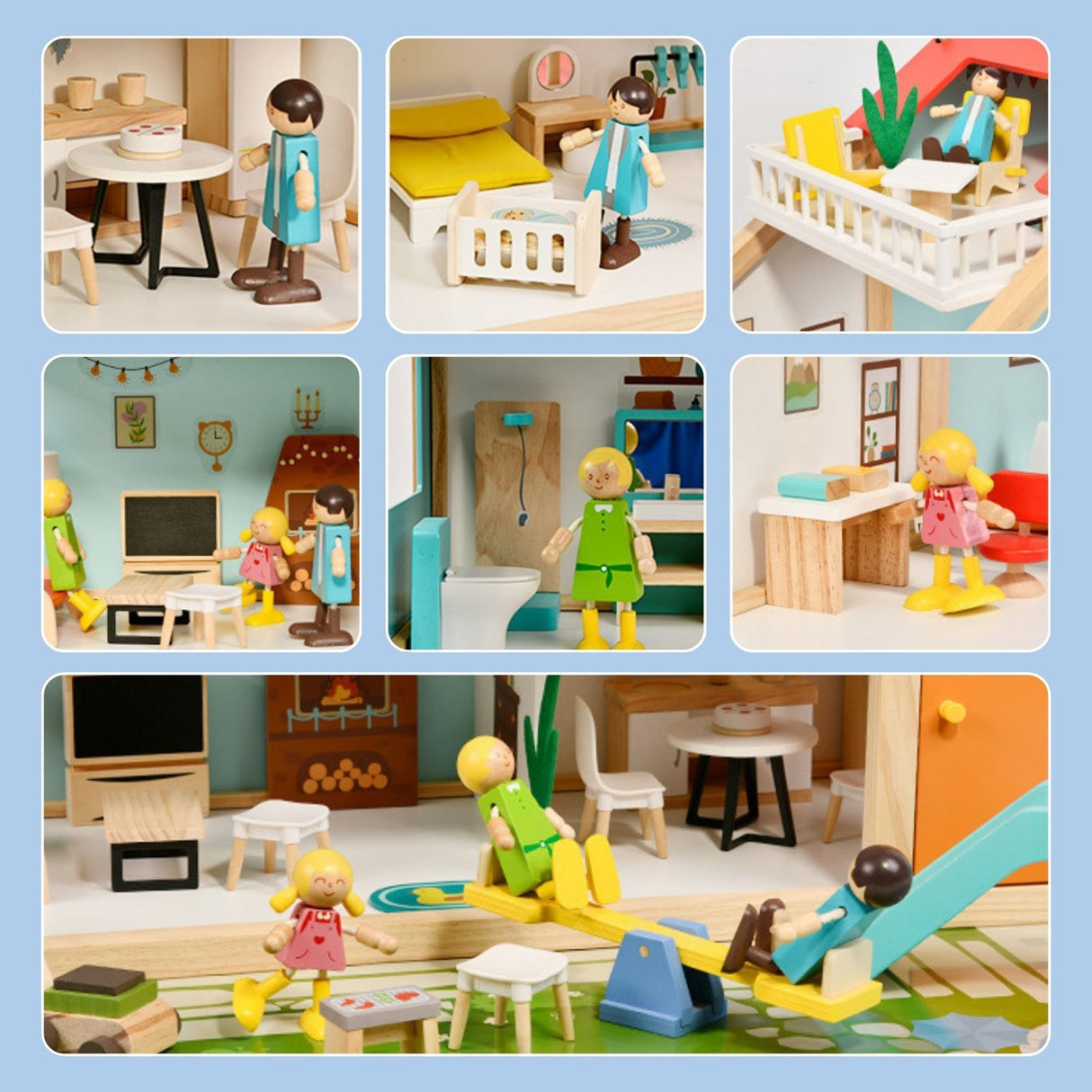 59-tlg. Holz-Puppenhaus mit Puppen Puppen-Villa mit Garten Spielhaus