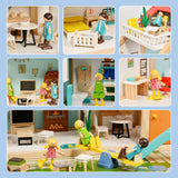 59-tlg. Holz-Puppenhaus mit Puppen Puppen-Villa mit Garten Spielhaus