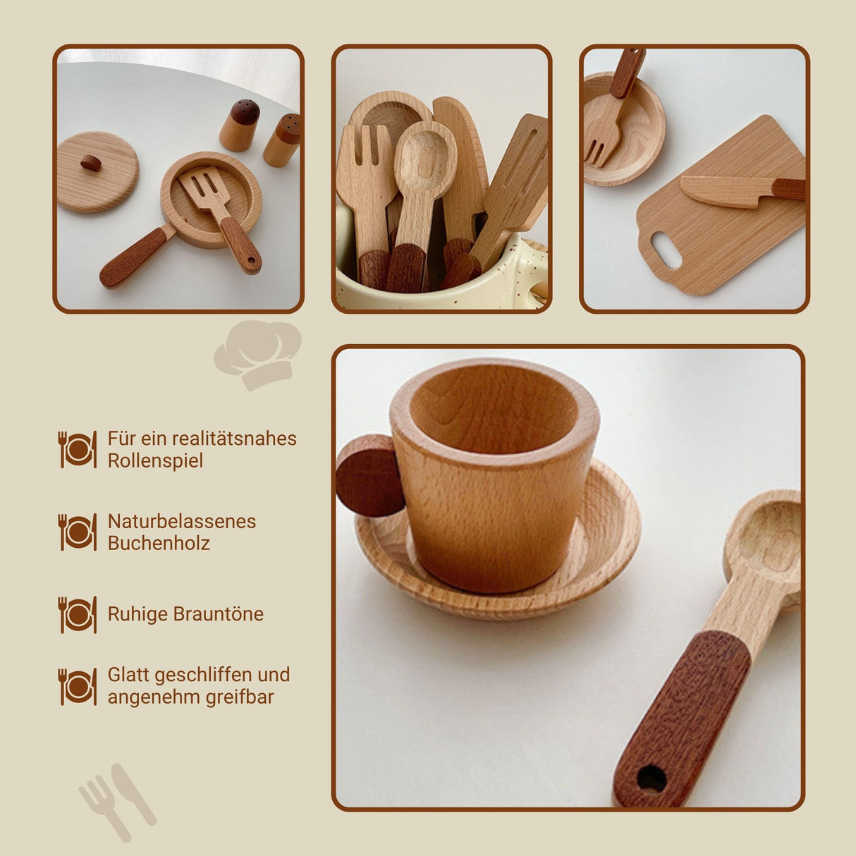 15-tlg. Holz-Küchenzubehör-Set Kinder-Kochgeschirr Kinder-Küchenset