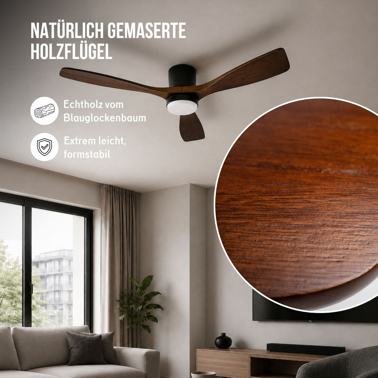 Holz-Deckenventilator Deckengebläse Deckenlüfter LED-Deckenventilator