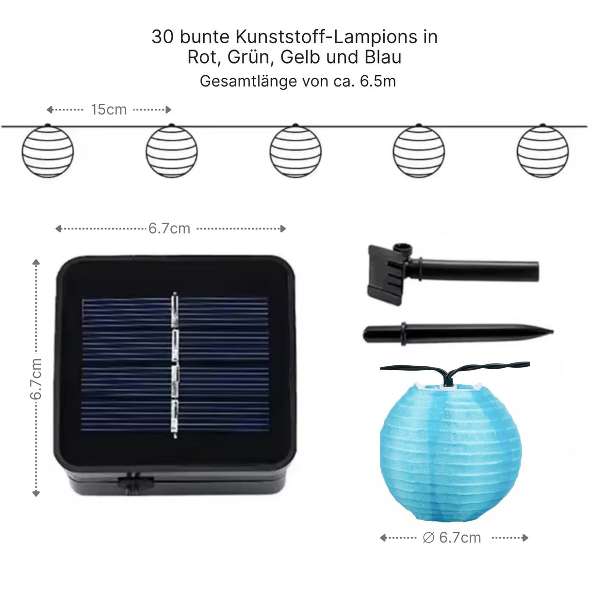 6.5m Solar Lampion-Lichterkette LED-Lichterkette Leucht-Girlande bunt