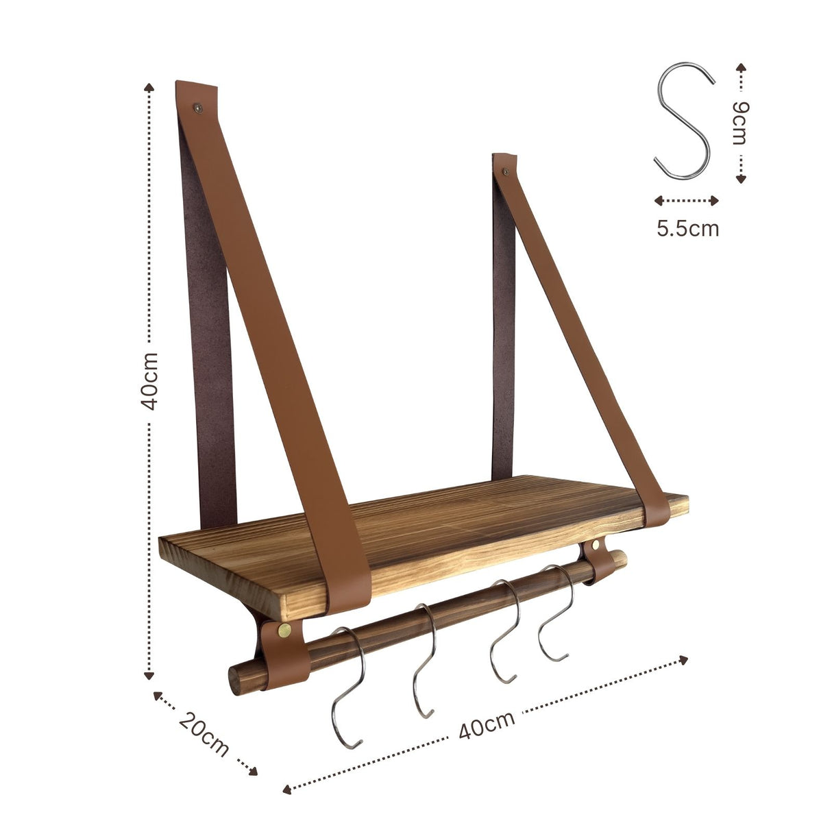 Wandregal 40cm mit Lederbändern und Holzstab Dekoregal Hängeregal