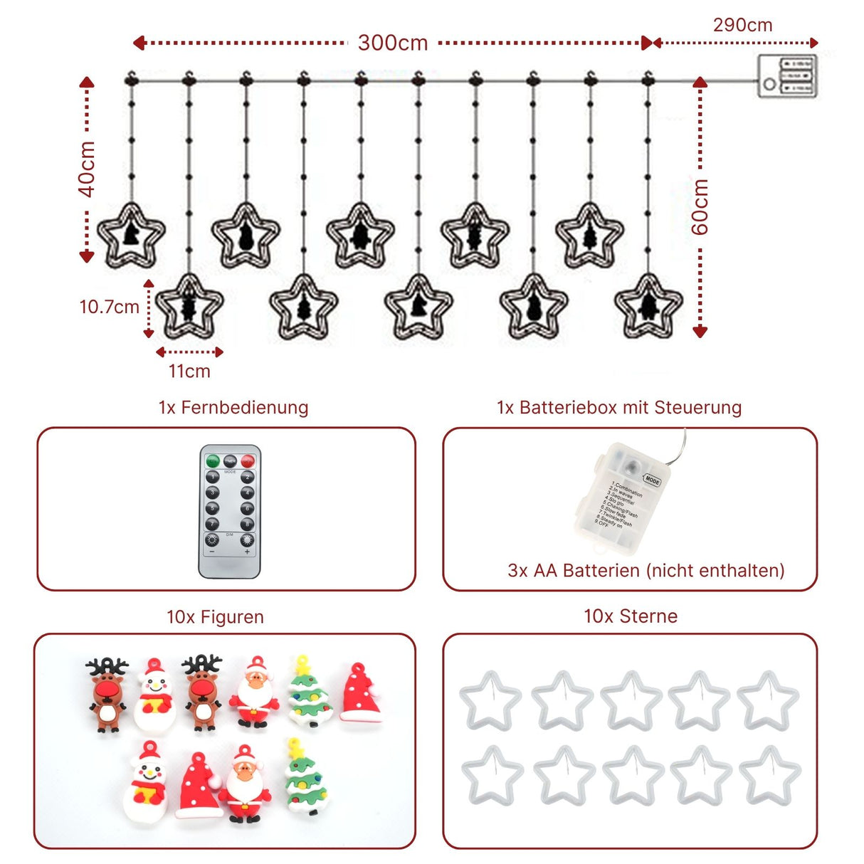 LED Weihnachtslichterkette 3m Sternlichterkette Sternen-Lichtervorhang