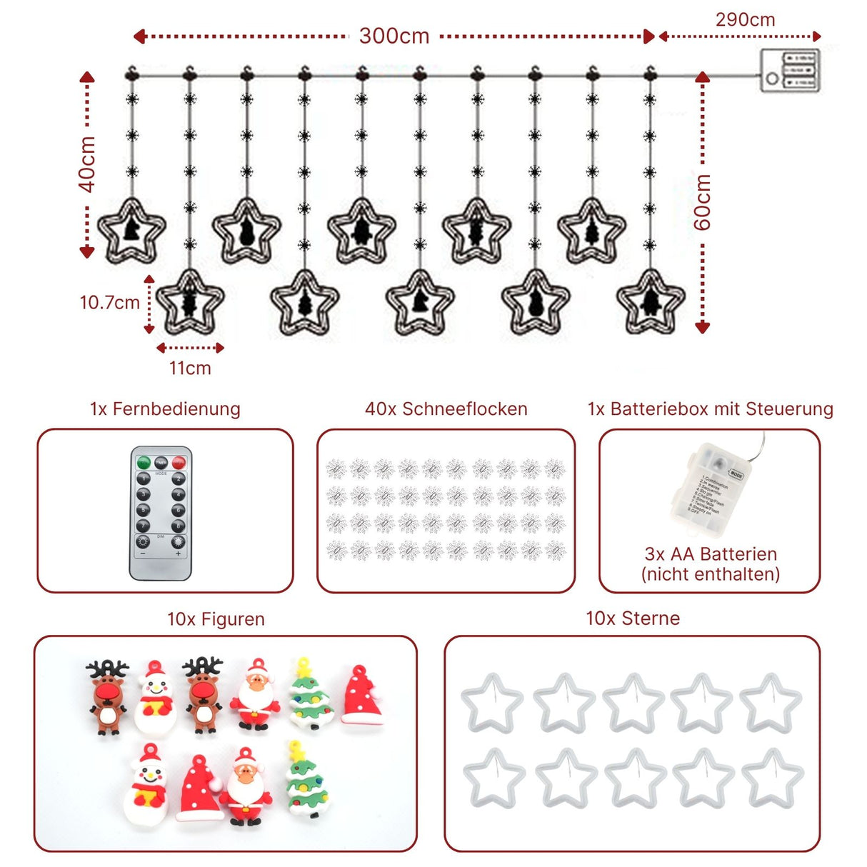 LED Weihnachtslichterkette 3m Sternen-Lichterkette mit Schneeflocken