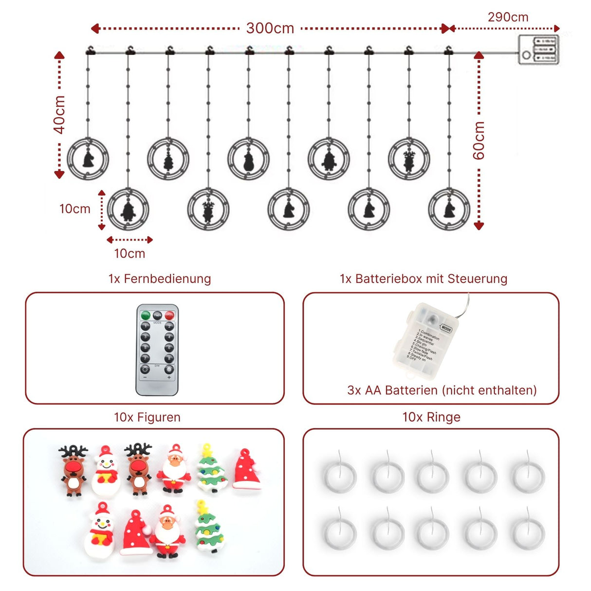 LED Weihnachtslichterkette 3m Leuchtvorhang mit Ringen Ringlichterkette