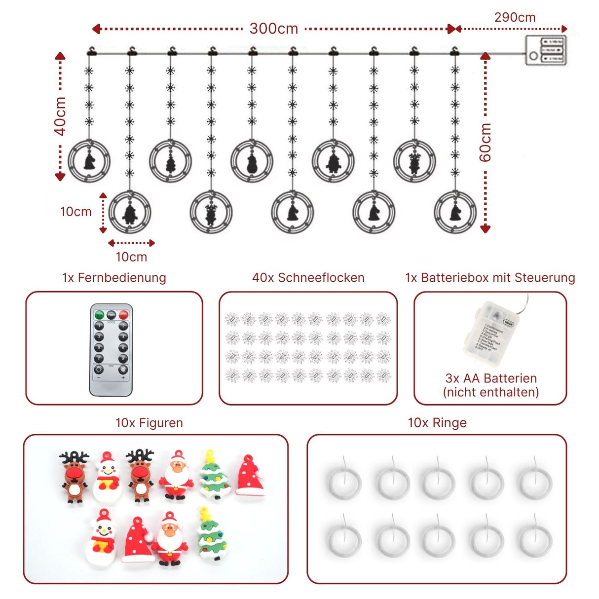LED Weihnachtslichterkette 3m Lichtvorhang mit Ringen und Schneeflocken