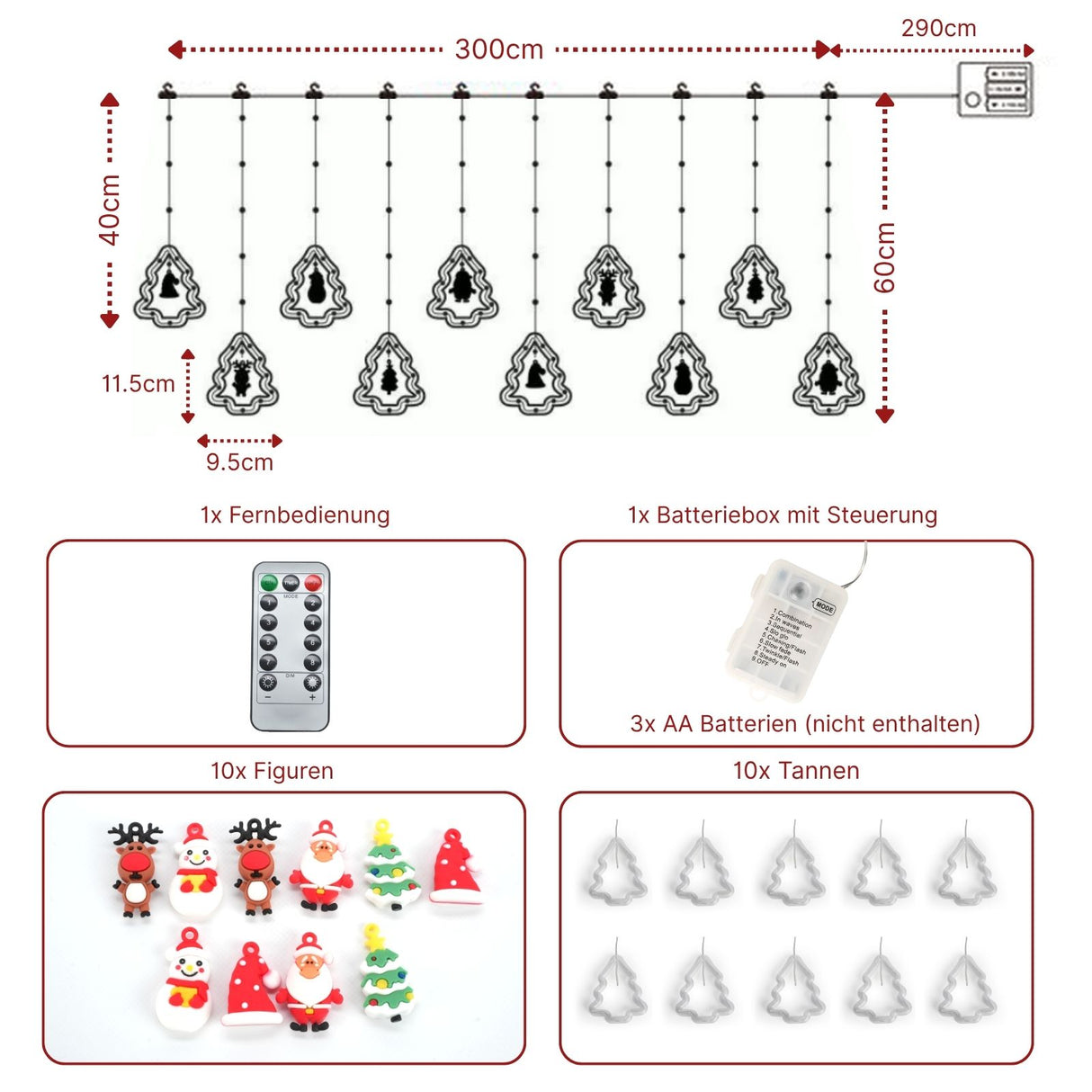 LED Weihnachtslichterkette 3m Leuchtkette mit Tannenbäumen Lichtvorhang