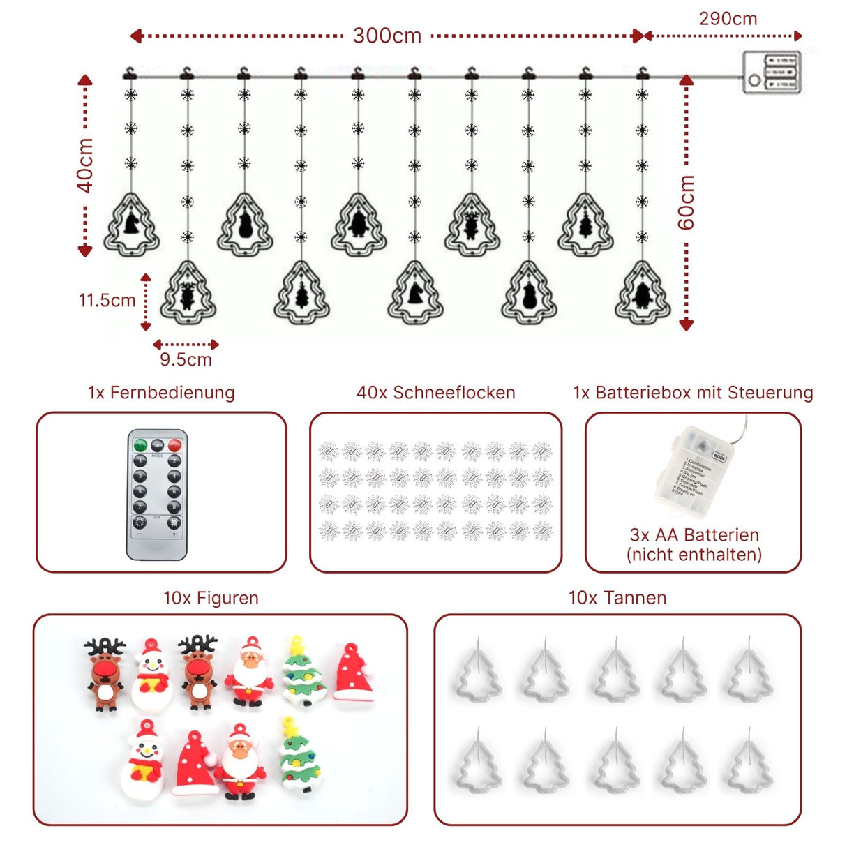 LED Weihnachtslichterkette 3m Lichtvorhang mit Tannenbäumen Leuchtkette