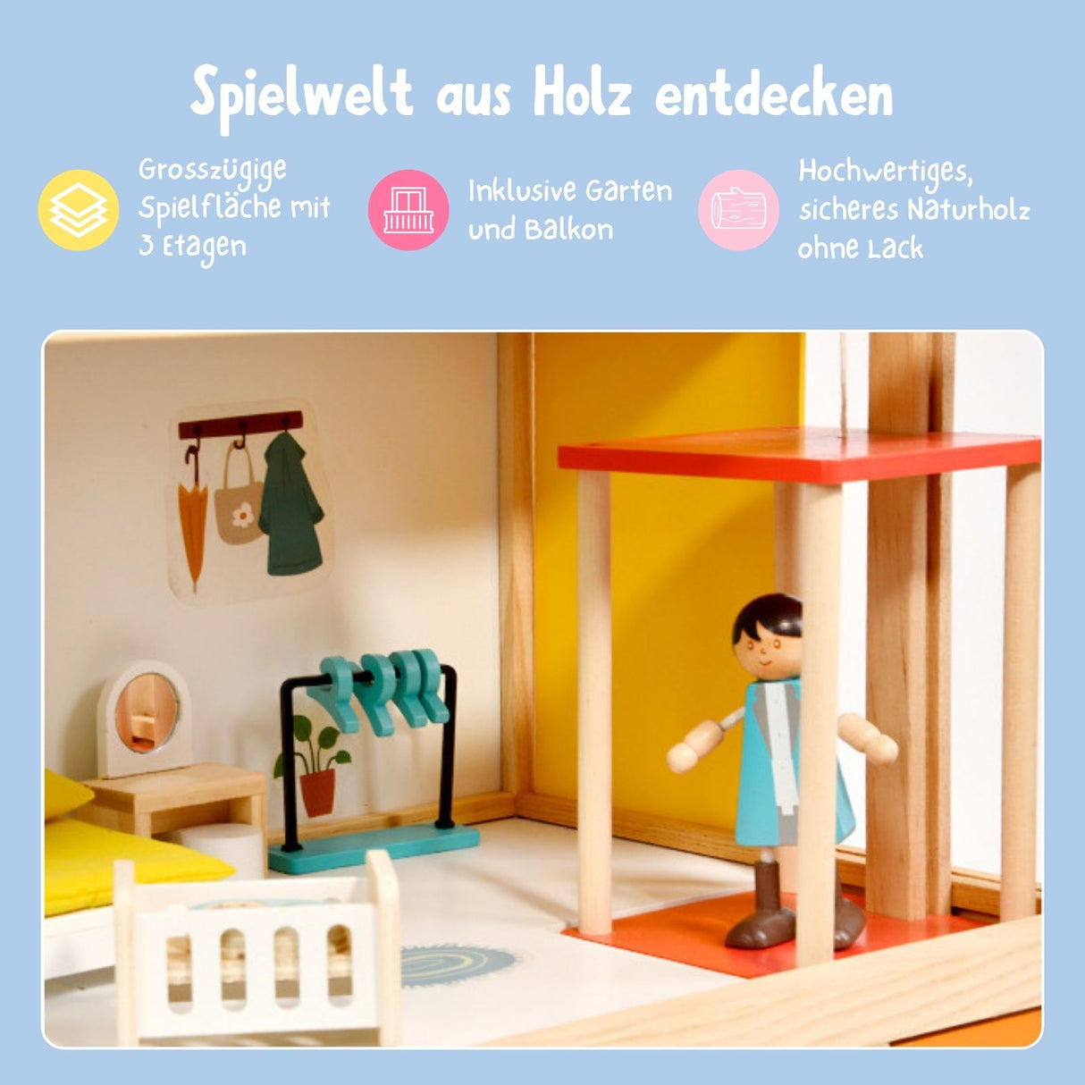 59-tlg. Holz-Puppenhaus mit Puppen Puppen-Villa mit Garten Spielhaus