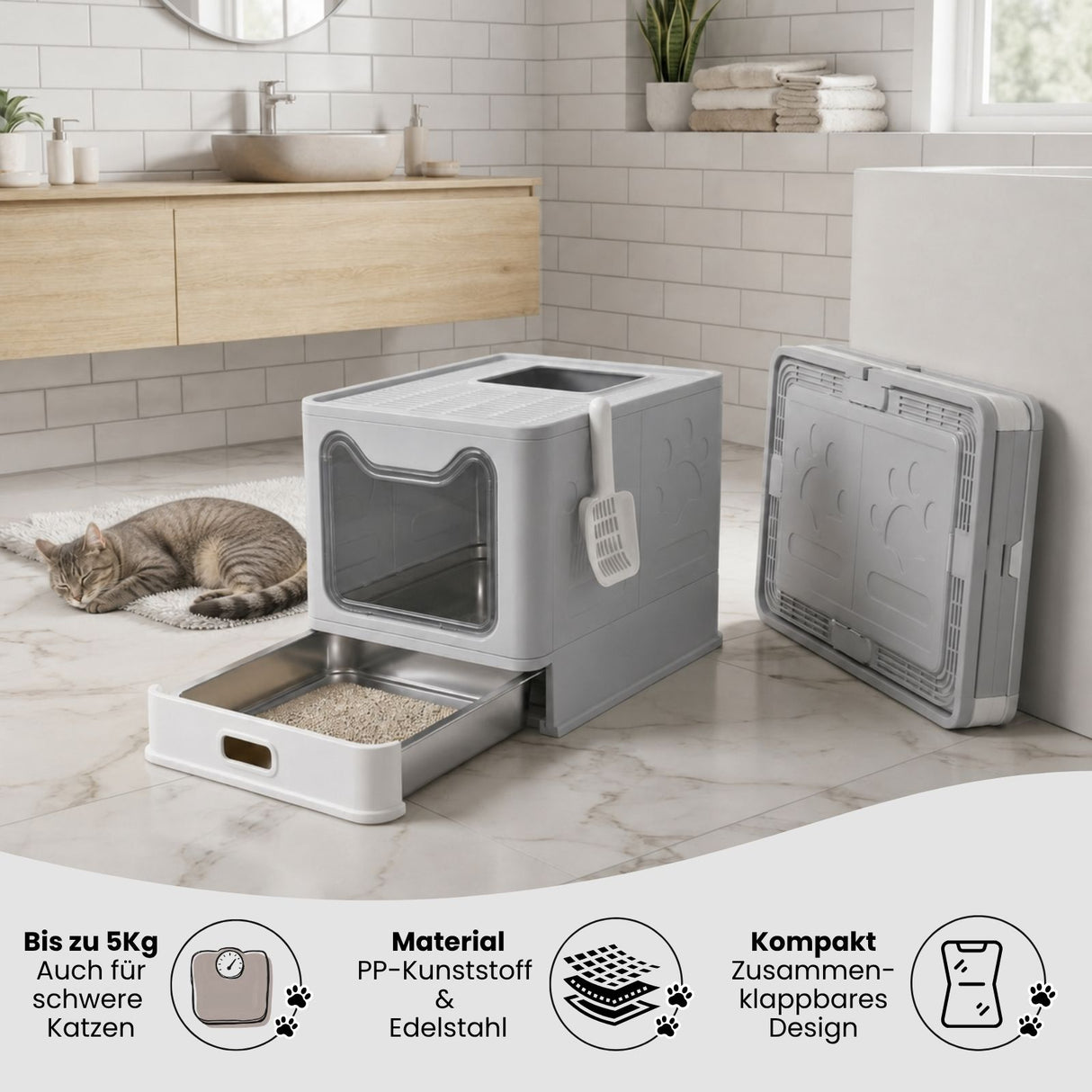 Katzen-WC mit Edelstahlschublade Katzentoilette Katzenklo mit Deckel