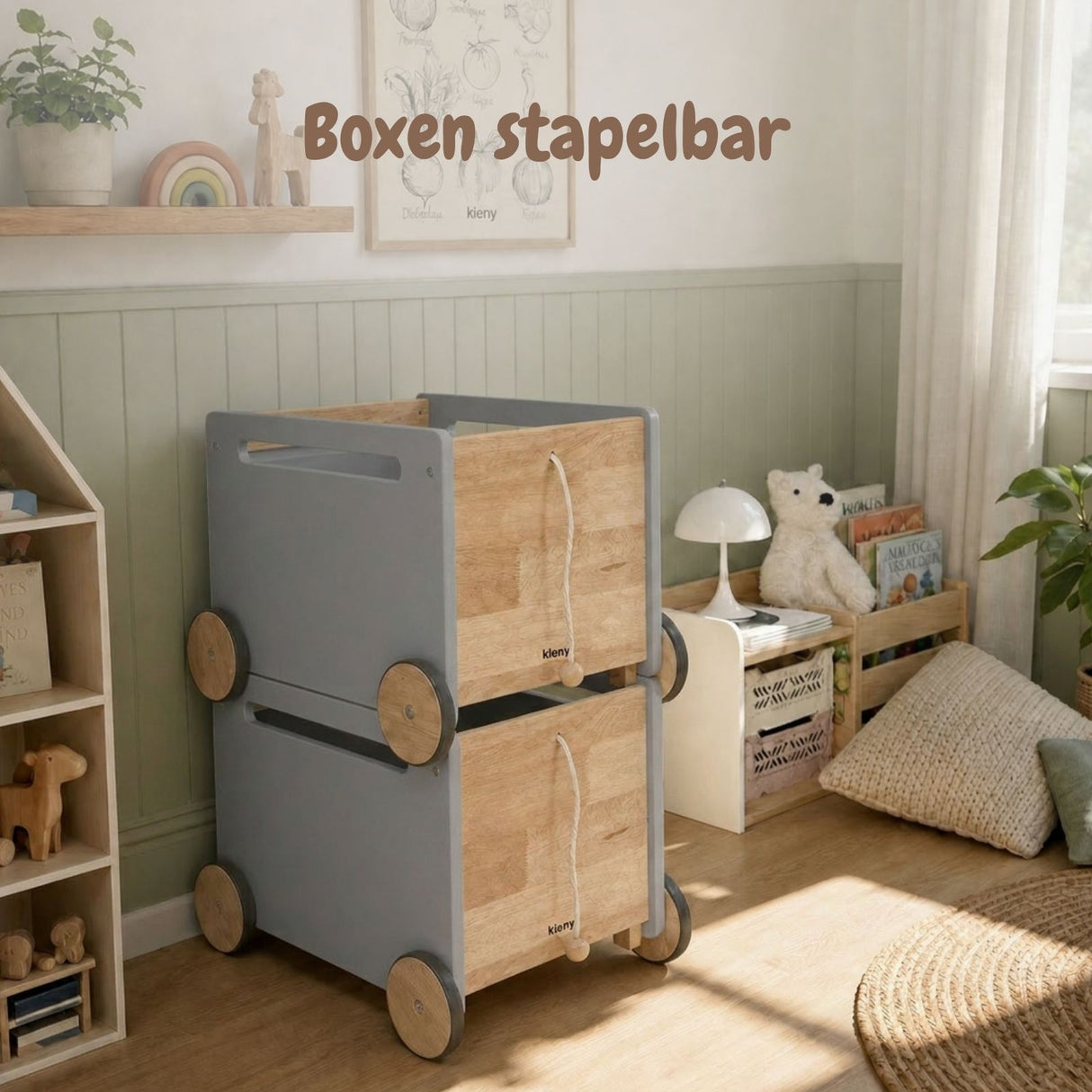 2er-Set Holz-Bücherkiste auf Rollen Spielzeugtruhe Spielzeugkiste