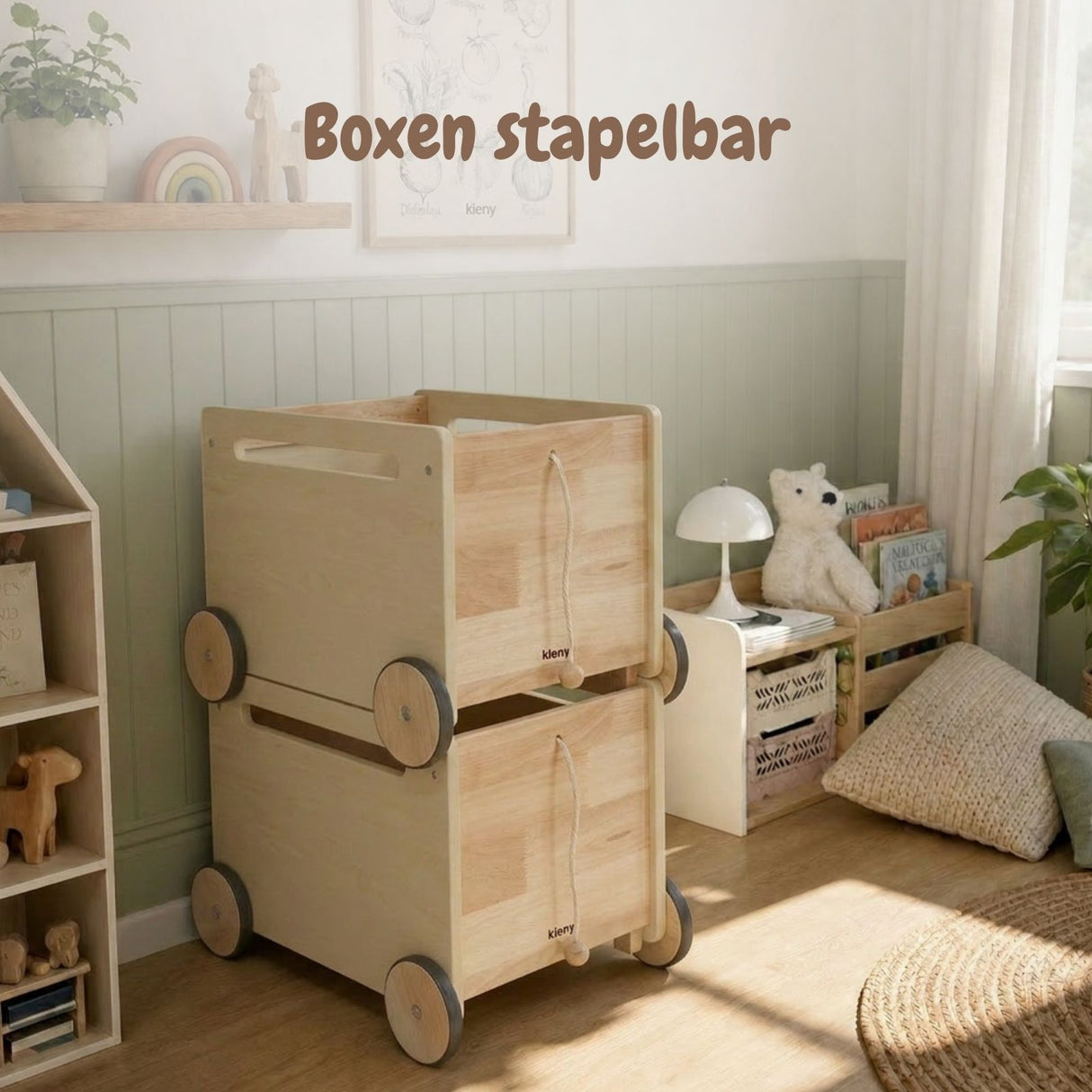 2er-Set Holz-Bücherkiste auf Rollen Spielzeugkiste Spielzeugtruhe
