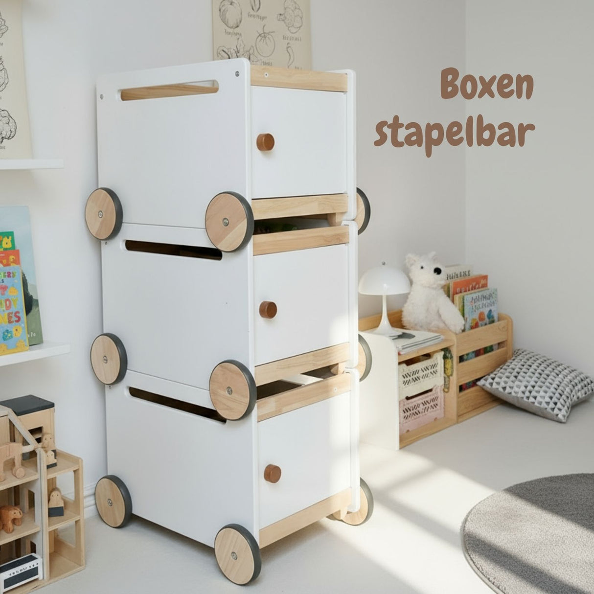 3er-Set Holz-Spielzeugtruhe auf Rollen Bücherkiste Spielzeugkiste