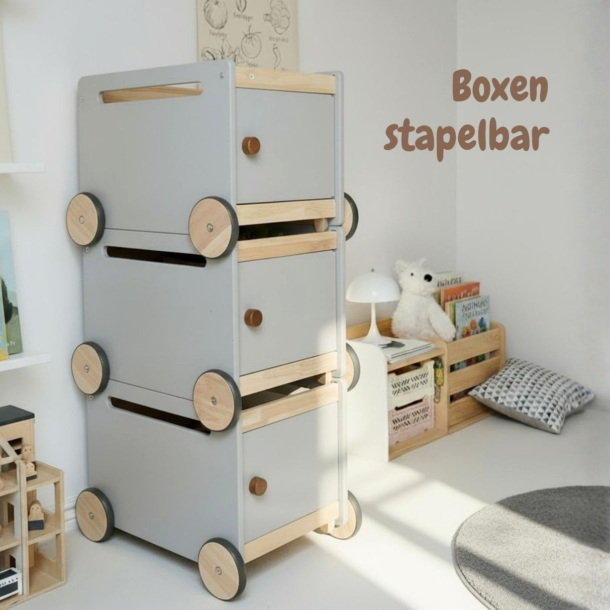 3er-Set Holz-Spielzeugtruhe auf Rollen Spielzeugkiste Bücherkiste