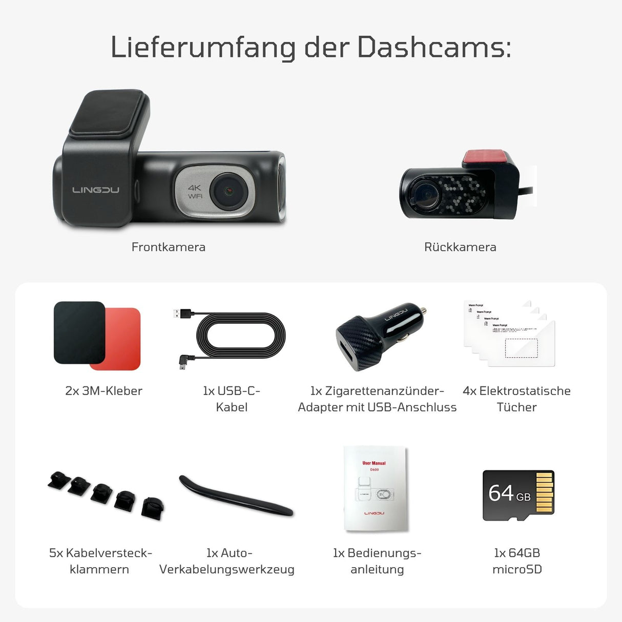 4K Dual-Dashcam mit Hardwire-Kit Auto-Kamera mit Stromanschluss-Set