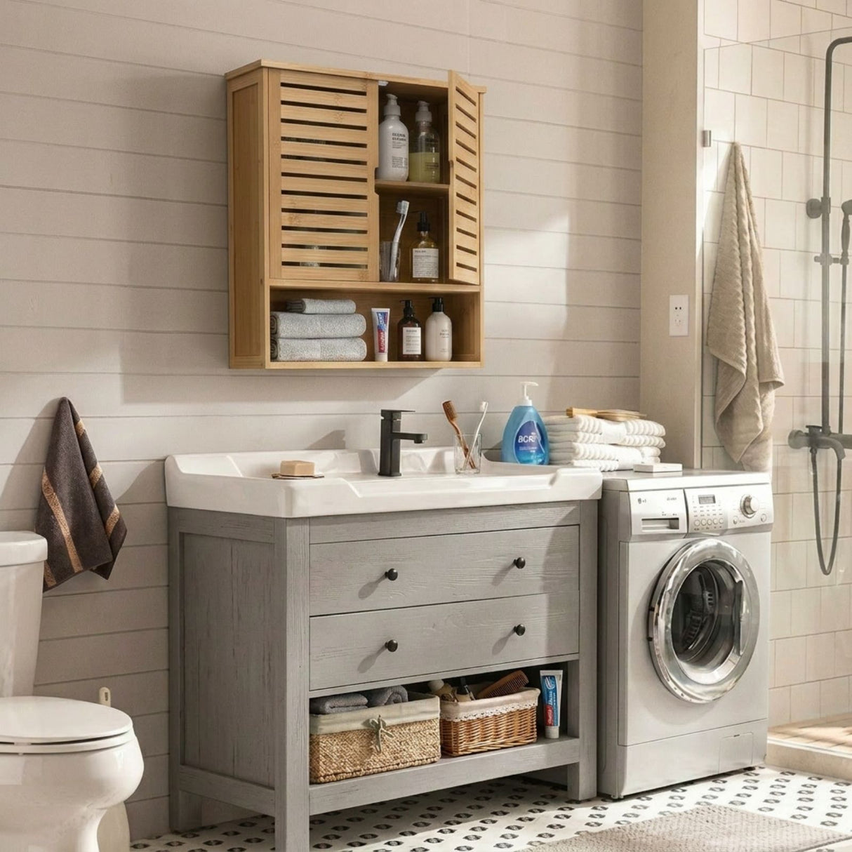 Bambus-Möbel-Set Badregal mit Schrank und Hängeschrank